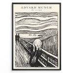 Indlæs billede til gallerivisning Framed black-and-white poster of Edvard Munch’s The Scream featuring a figure on a bridge with swirling sky lines.
