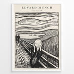 Indlæs billede til gallerivisning Framed black-and-white poster of Edvard Munch’s The Scream featuring a figure on a bridge with swirling sky lines.
