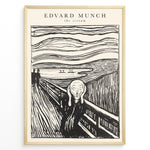 Indlæs billede til gallerivisning Framed black-and-white poster of Edvard Munch’s The Scream featuring a figure on a bridge with swirling sky lines.

