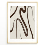 Indlæs billede til gallerivisning Framed abstract line art poster with fluid brown brush strokes on a light beige background in a minimalist modern style.
