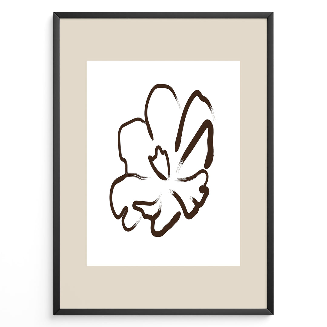 Framed minimalist abstract flower line art poster with a single brown floral outline on a white and beige background.