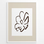 Indlæs billede til gallerivisning Framed minimalist abstract flower line art poster with a single brown floral outline on a white and beige background.
