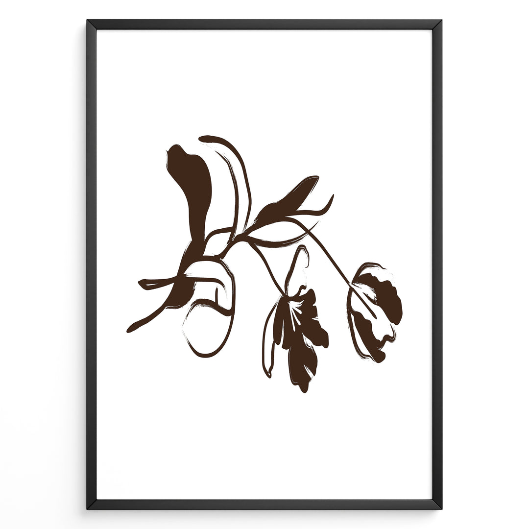 Framed minimalist botanical poster featuring abstract brown flower and leaf line art on a clean white background.