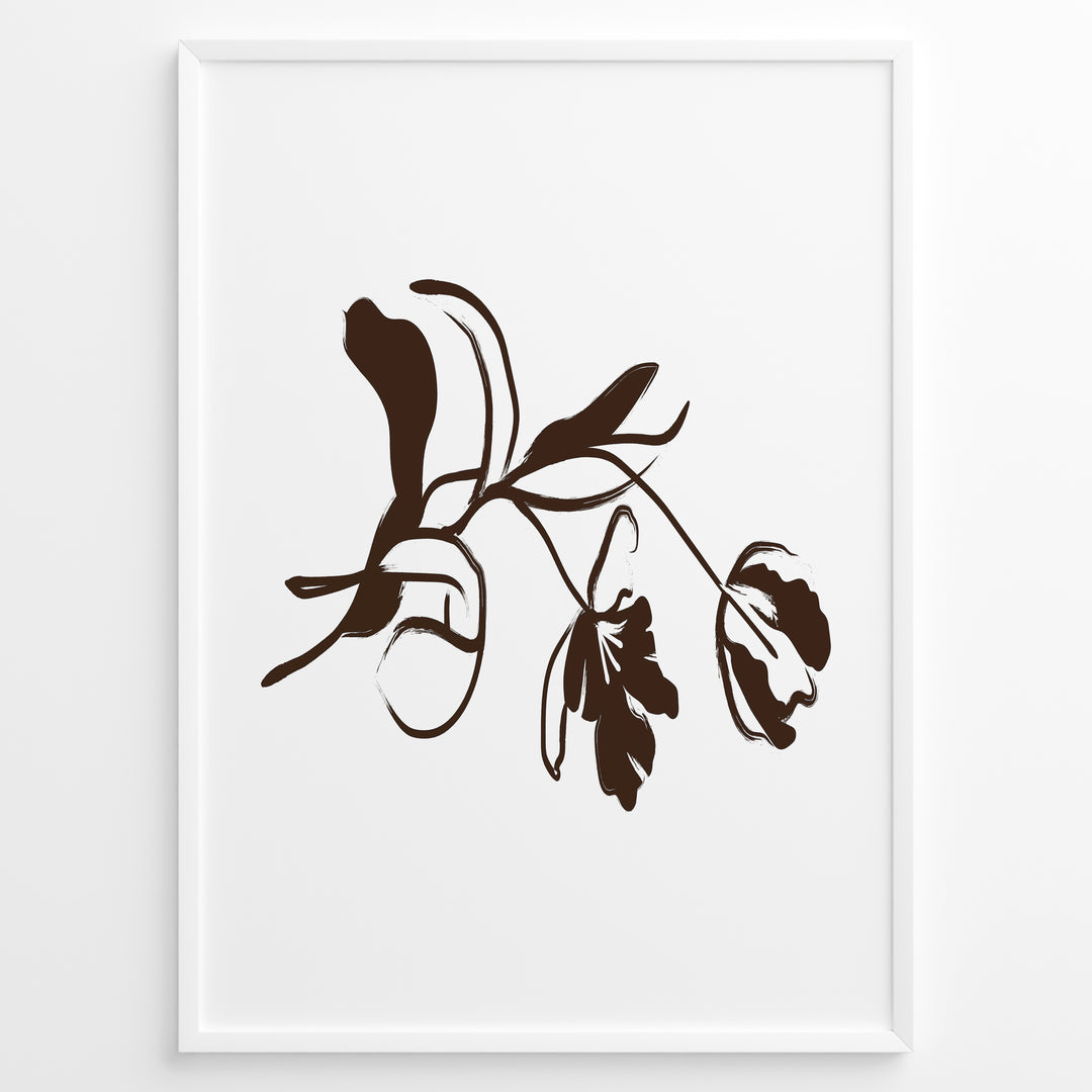 Framed minimalist botanical poster featuring abstract brown flower and leaf line art on a clean white background.