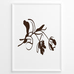 Indlæs billede til gallerivisning Framed minimalist botanical poster featuring abstract brown flower and leaf line art on a clean white background.
