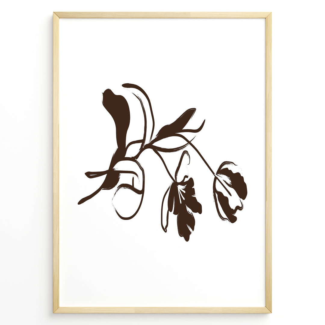 Framed minimalist botanical poster featuring abstract brown flower and leaf line art on a clean white background.