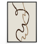 Indlæs billede til gallerivisning Framed minimalist abstract poster featuring fluid brown and beige curved lines on a soft neutral background.
