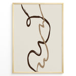 Indlæs billede til gallerivisning Framed minimalist abstract poster featuring fluid brown and beige curved lines on a soft neutral background.
