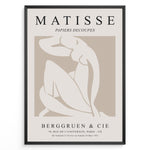 Indlæs billede til gallerivisning Framed Matisse Papiers Decoupés poster featuring abstract nude figure artwork in beige and white with French exhibition text.
