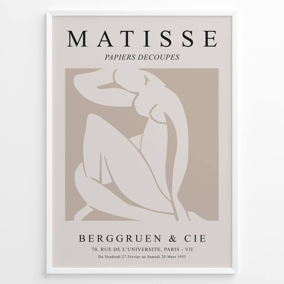 Framed Matisse Papiers Decoupés poster featuring abstract nude figure artwork in beige and white with French exhibition text.