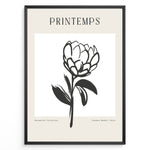 Indlæs billede til gallerivisning Framed minimalist “Printemps” poster featuring black line art of a blooming flower on a white and beige background.
