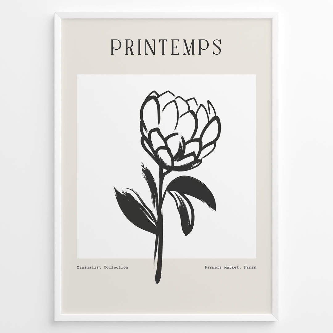 Framed minimalist “Printemps” poster featuring black line art of a blooming flower on a white and beige background.
