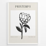 Indlæs billede til gallerivisning Framed minimalist “Printemps” poster featuring black line art of a blooming flower on a white and beige background.
