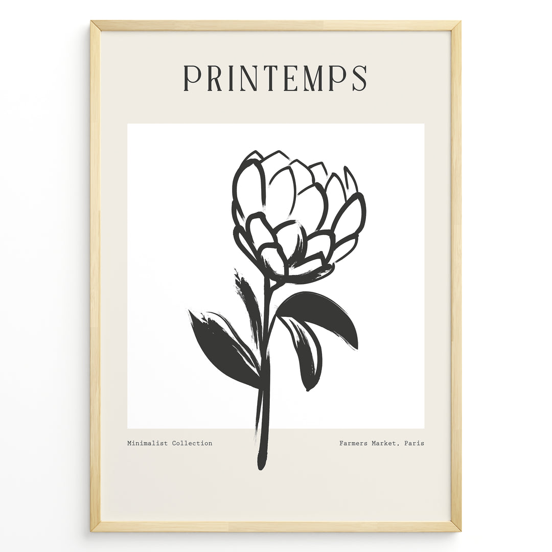 Framed minimalist “Printemps” poster featuring black line art of a blooming flower on a white and beige background.