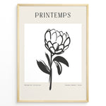 Indlæs billede til gallerivisning Framed minimalist “Printemps” poster featuring black line art of a blooming flower on a white and beige background.
