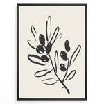 Indlæs billede til gallerivisning Framed minimalist poster featuring black olive branch line art with leaves and olives on a light beige background.
