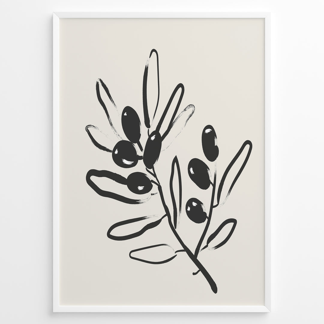 Framed minimalist poster featuring black olive branch line art with leaves and olives on a light beige background.