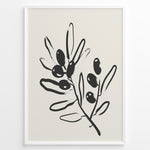 Indlæs billede til gallerivisning Framed minimalist poster featuring black olive branch line art with leaves and olives on a light beige background.

