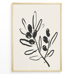 Indlæs billede til gallerivisning Framed minimalist poster featuring black olive branch line art with leaves and olives on a light beige background.
