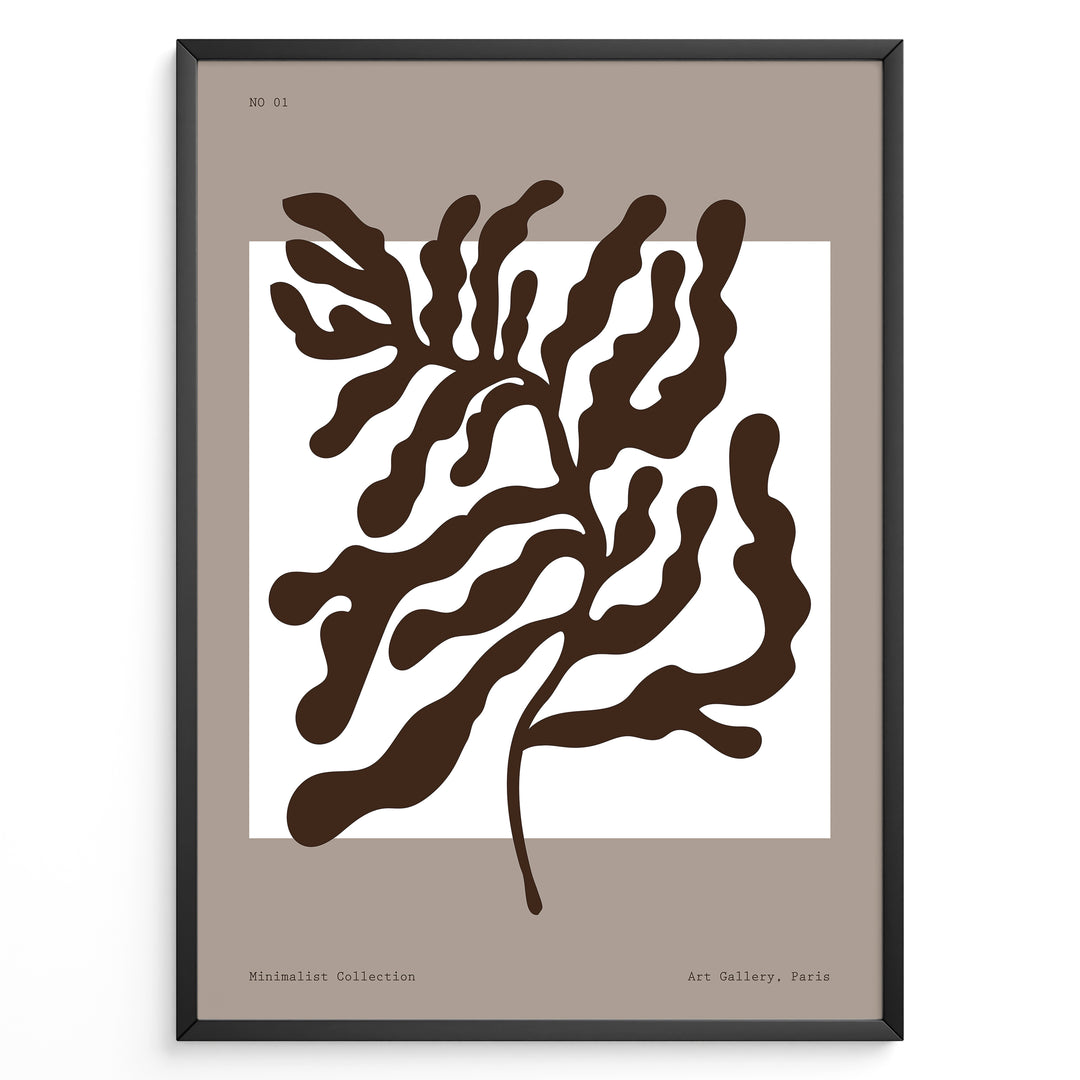 Minimalist abstract brown leaf wall art print in black frame on beige background.