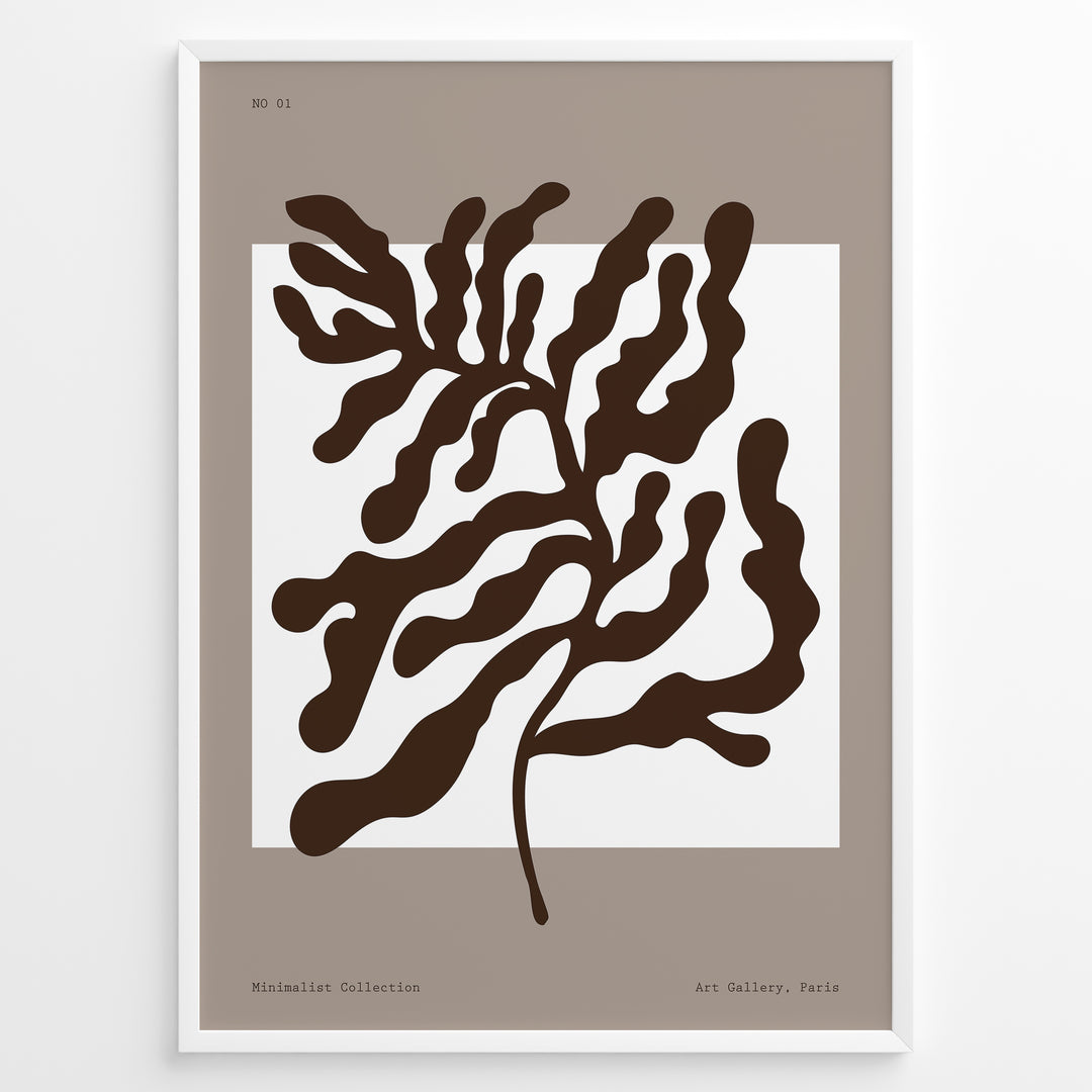 Minimalist abstract brown leaf wall art print in black frame on beige background.
