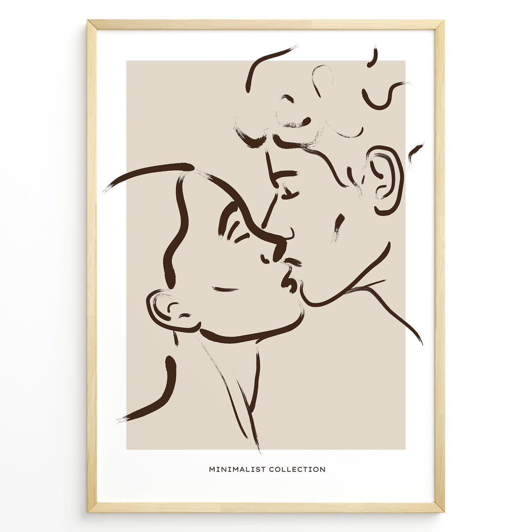 Minimalist line art of a couple kissing in a modern black frame on beige background.