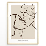 Indlæs billede til gallerivisning Minimalist line art of a couple kissing in a modern black frame on beige background.
