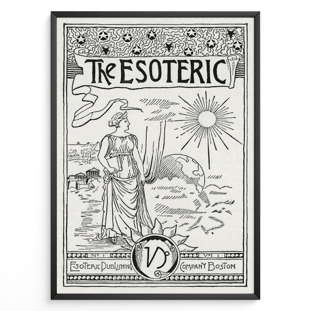 Vintage black and white esoteric art print featuring a woman, sun, and globe in a black frame.