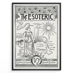 Indlæs billede til gallerivisning Vintage black and white esoteric art print featuring a woman, sun, and globe in a black frame.
