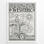 Indlæs billede til gallerivisning Vintage black and white esoteric art print featuring a woman, sun, and globe in a black frame.
