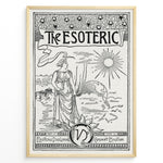 Indlæs billede til gallerivisning Vintage black and white esoteric art print featuring a woman, sun, and globe in a black frame.
