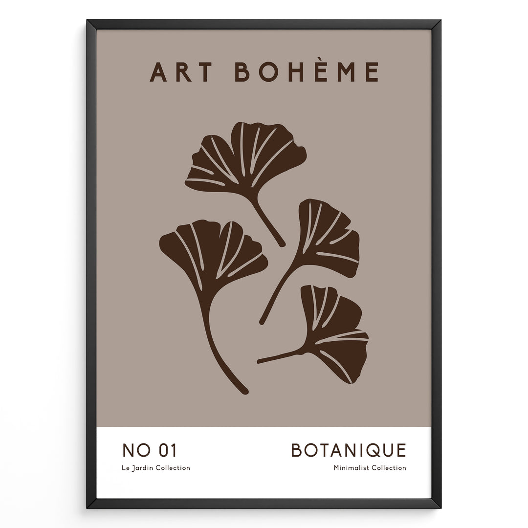 Framed Art Bohème poster with minimalist brown ginkgo leaves on a taupe background and white lower border with text.