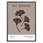 Indlæs billede til gallerivisning Framed Art Bohème poster with minimalist brown ginkgo leaves on a taupe background and white lower border with text.
