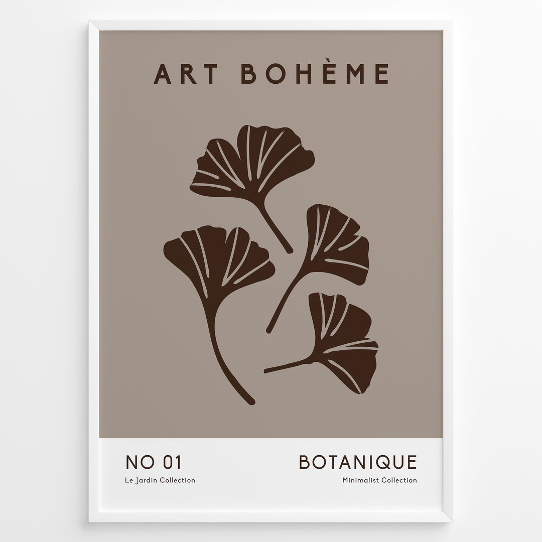 Framed Art Bohème poster with minimalist brown ginkgo leaves on a taupe background and white lower border with text.