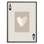 Indlæs billede til gallerivisning Framed minimalist Ace of Hearts poster with a beige background and abstract heart design in neutral cream and taupe tones.
