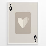 Indlæs billede til gallerivisning Framed minimalist Ace of Hearts poster with a beige background and abstract heart design in neutral cream and taupe tones.
