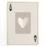 Indlæs billede til gallerivisning Framed minimalist Ace of Hearts poster with a beige background and abstract heart design in neutral cream and taupe tones.
