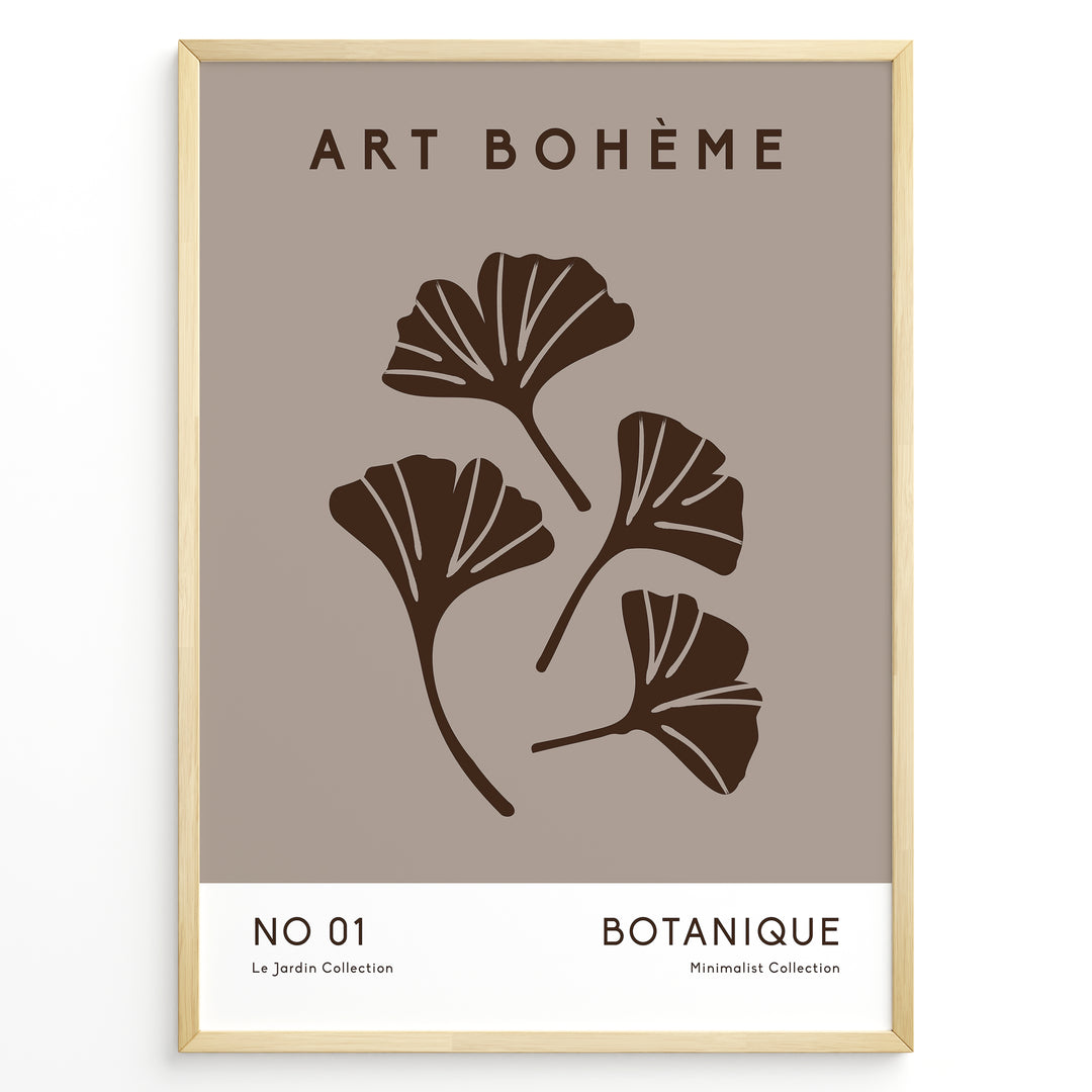 Framed Art Bohème poster with minimalist brown ginkgo leaves on a taupe background and white lower border with text.