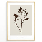 Indlæs billede til gallerivisning Framed Jardin Collection poster with minimalist brown floral line art on a beige background and white border.
