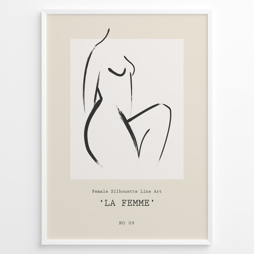 Framed La Femme poster featuring minimalist female silhouette line art in black on a beige background with modern typography.