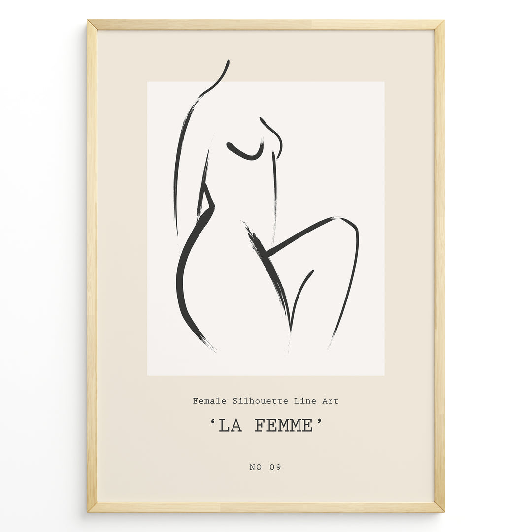 Framed La Femme poster featuring minimalist female silhouette line art in black on a beige background with modern typography.