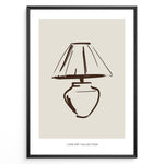 Indlæs billede til gallerivisning Framed minimalist poster featuring a hand-drawn lamp line art illustration in brown on a beige background from the Line Art Collection.
