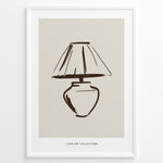Indlæs billede til gallerivisning Framed minimalist poster featuring a hand-drawn lamp line art illustration in brown on a beige background from the Line Art Collection.
