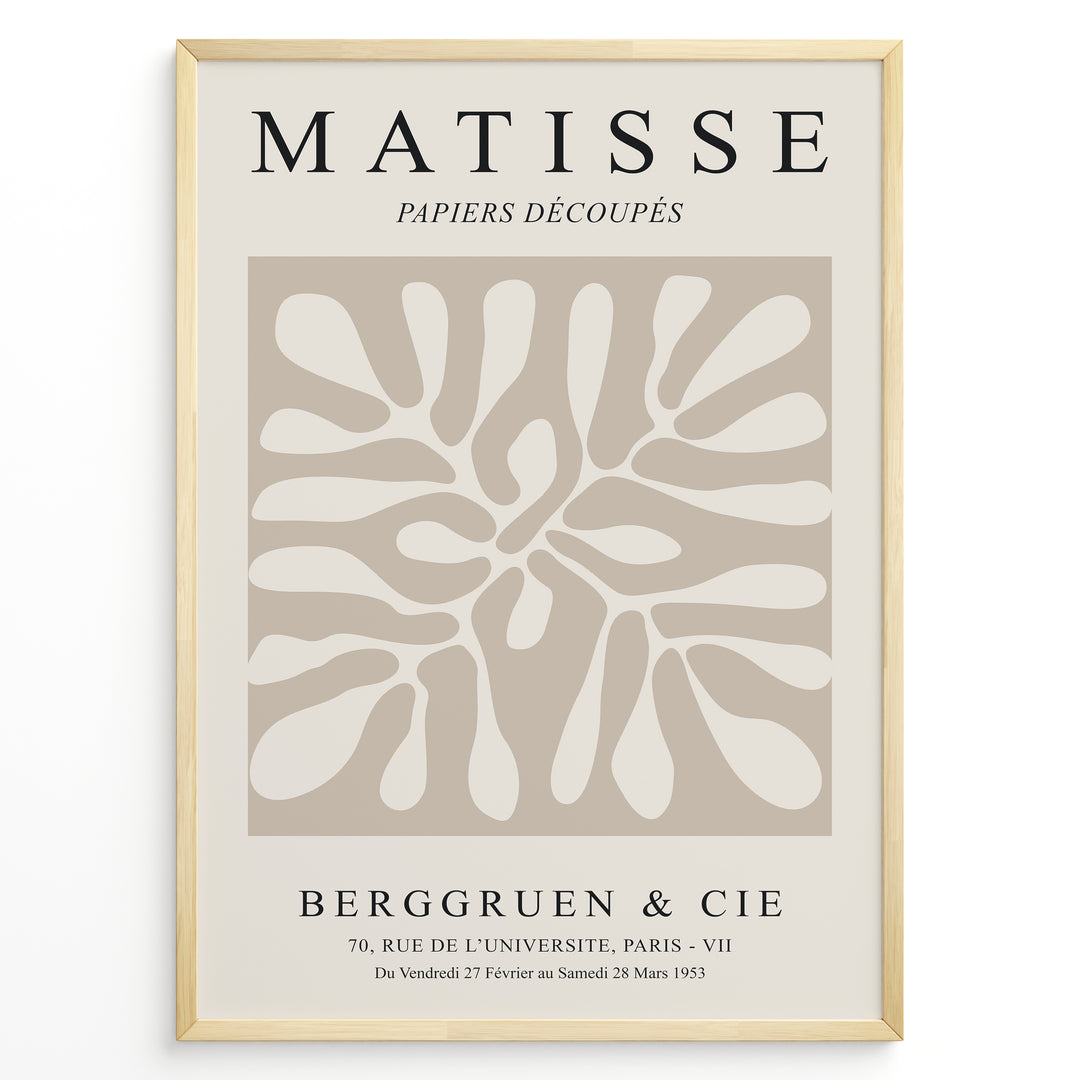 Framed Matisse Papiers Découpés poster with abstract beige cut-out shapes and black typography on a neutral background.