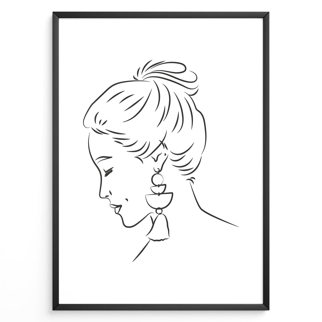 Minimalist black and white line art portrait of a woman with tassel earrings in a modern frame