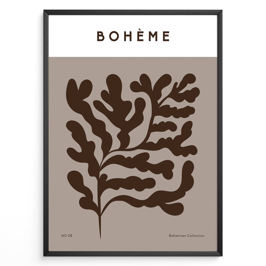 Framed Bohème poster featuring abstract brown botanical leaf design on a taupe background with minimalist typography.