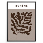 Indlæs billede til gallerivisning Framed Bohème poster featuring abstract brown botanical leaf design on a taupe background with minimalist typography.

