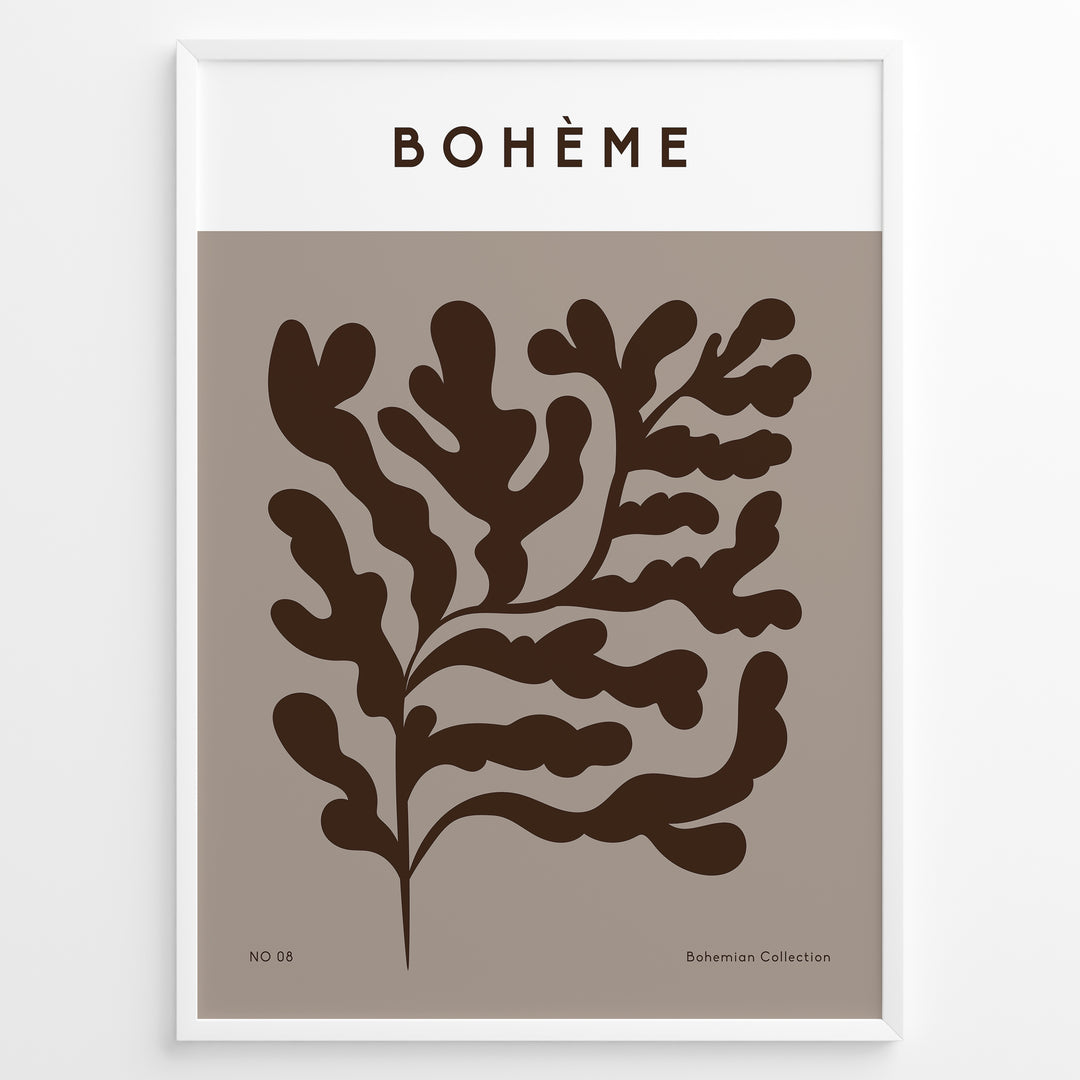 Framed Bohème poster featuring abstract brown botanical leaf design on a taupe background with minimalist typography.