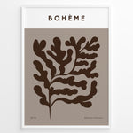 Indlæs billede til gallerivisning Framed Bohème poster featuring abstract brown botanical leaf design on a taupe background with minimalist typography.
