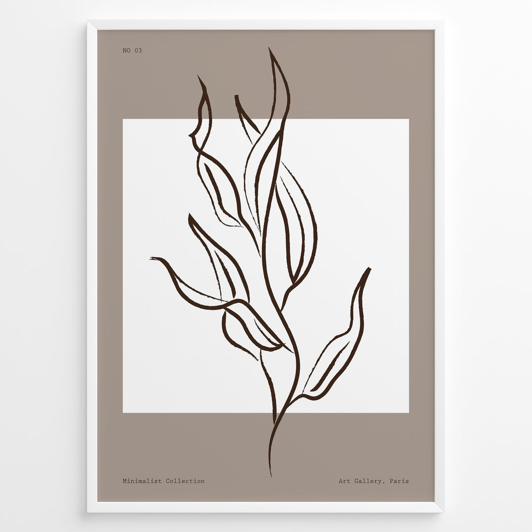 Framed minimalist botanical line art poster featuring abstract brown leaf illustration on taupe and white background.
